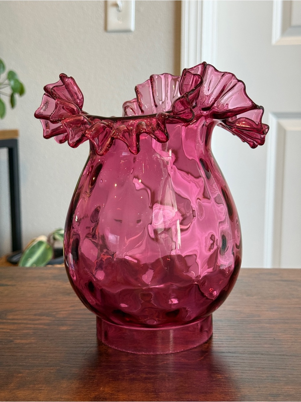 Vintage Fenton Cranberry Glass Diamond Optic Lamp Shade Ruffled Crimp 8.5”